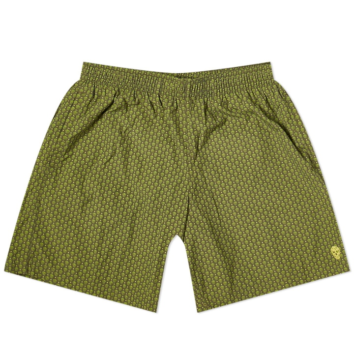 Photo: Alexander McQueen Men's Dots Skull Swim Shorts in Khaki/Lime