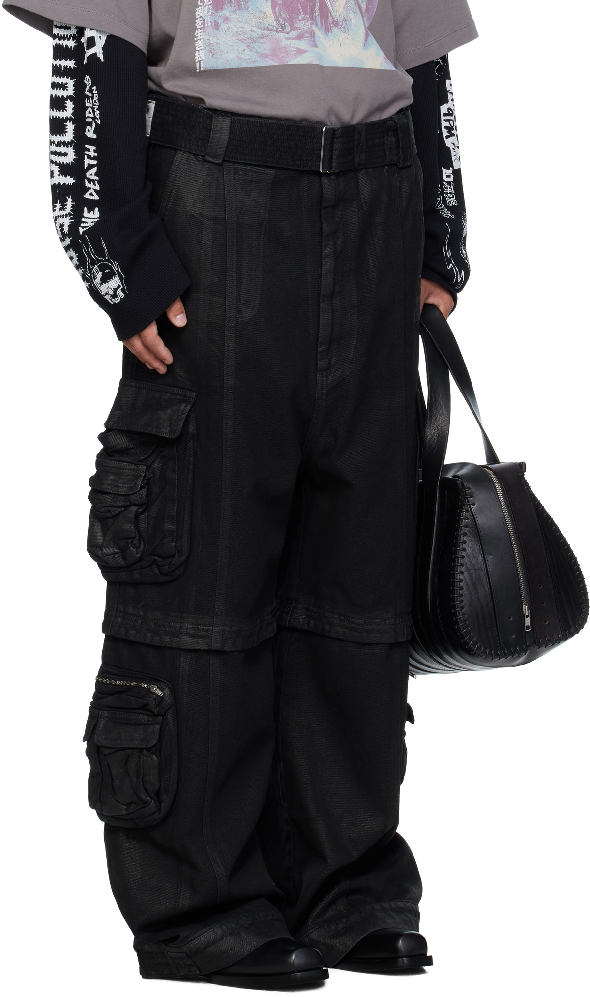LU'U DAN Black Coated Denim Cargo Pants