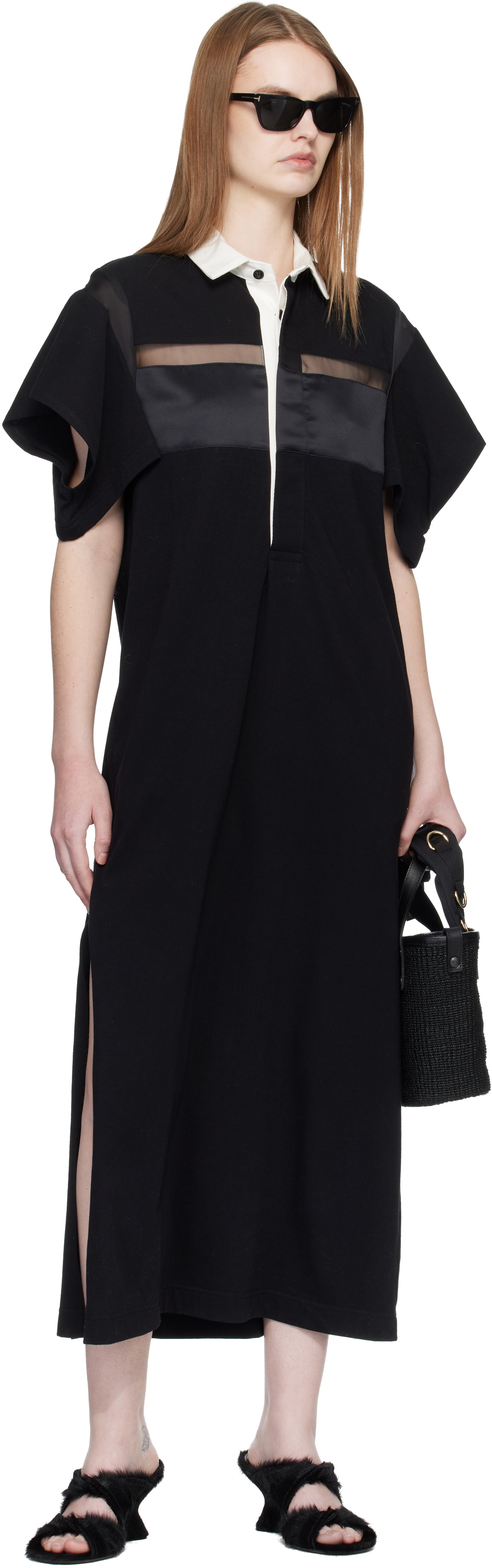 sacai Black Cotton Jersey Midi Dress