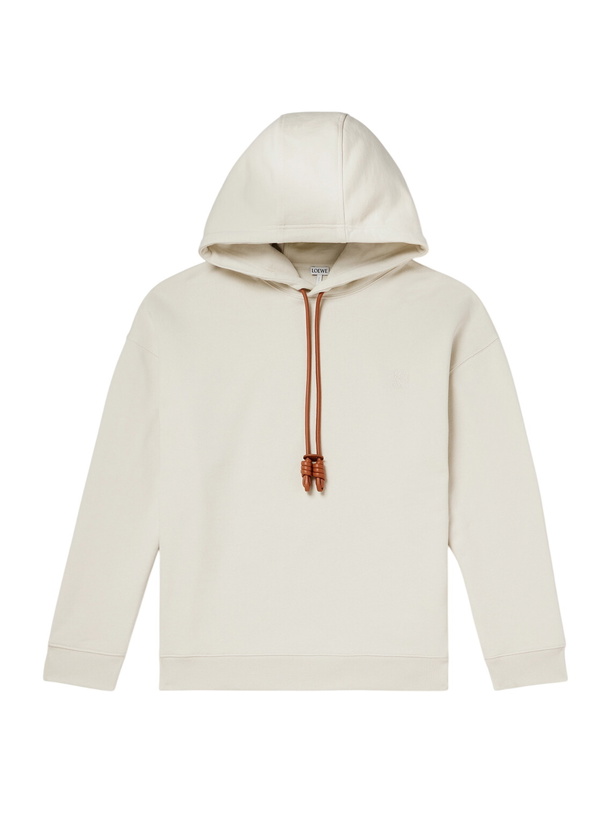 Photo: LOEWE - Logo-Embroidered Leather-Trimmed Cotton-Jersey Hoodie - Neutrals