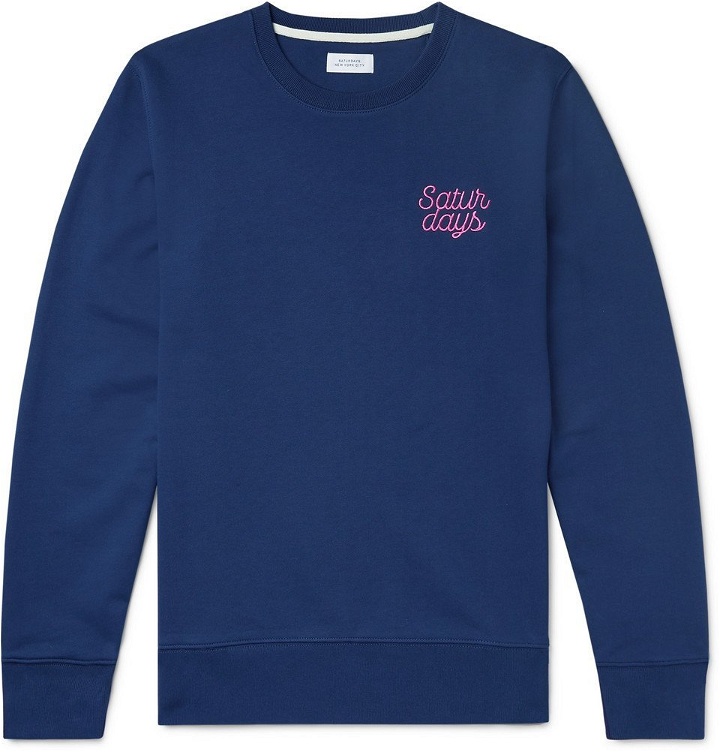Photo: Saturdays NYC - Bowery Logo-Embroidered Loopback Cotton-Jersey Sweatshirt - Cobalt blue