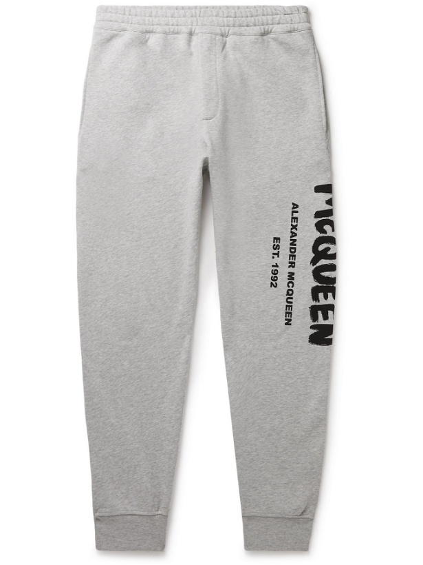 Photo: ALEXANDER MCQUEEN - Tapered Logo-Print Mélange Loopback Cotton-Jersey Sweatpants - Gray