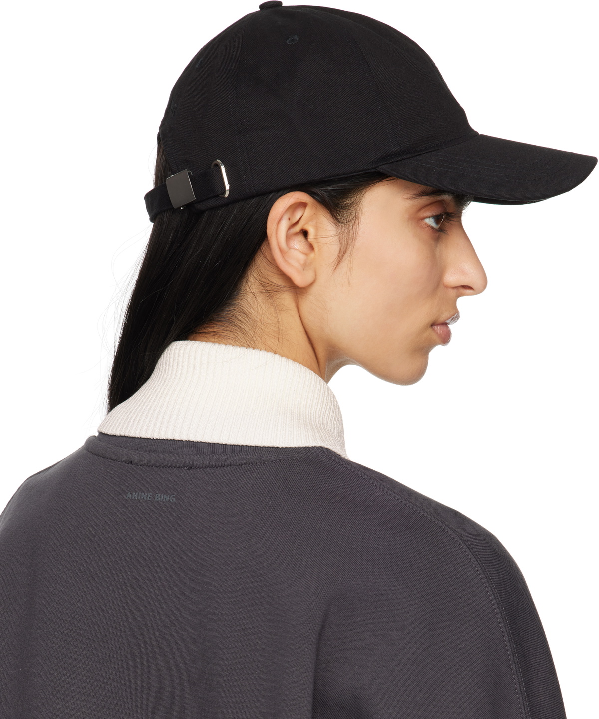 ANINE BING Black Jeremy Framed Monogram Baseball Cap ANINE BING