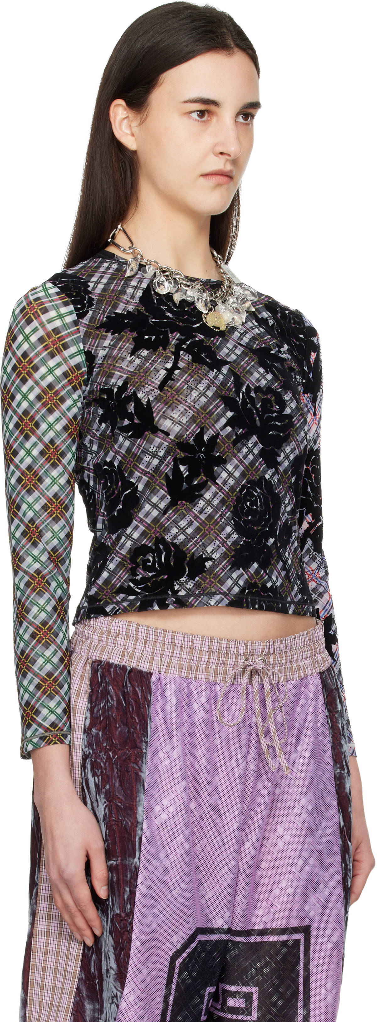 Chopova Lowena Multicolor Picnic Plaid Flocked Mesh Top
