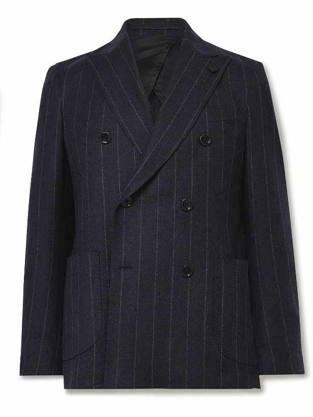 Photo: Lardini - Double-Breasted Pinstriped Wool and Cashmere-Blend Blazer - Blue
