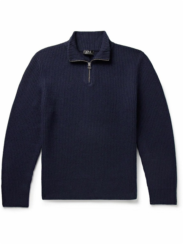 Photo: A.P.C. - Alex Ribbed Virgin Wool Half-Zip Sweater - Blue