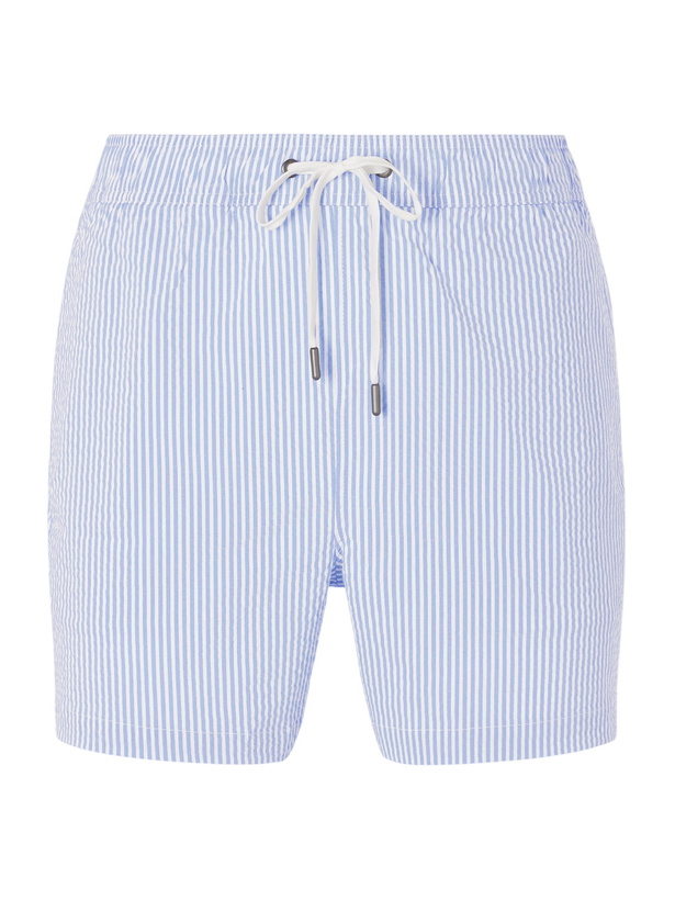 Photo: Onia - Charles Straight-Fit Mid-Length Striped Seersucker Swim Shorts - Blue