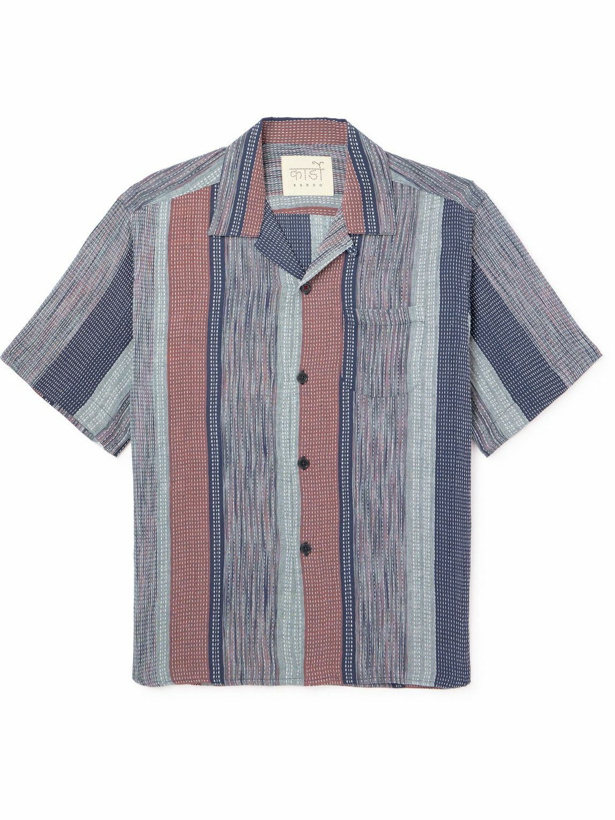 Photo: Kardo - Camp-Collar Embroidered Striped Cotton Shirt - Blue