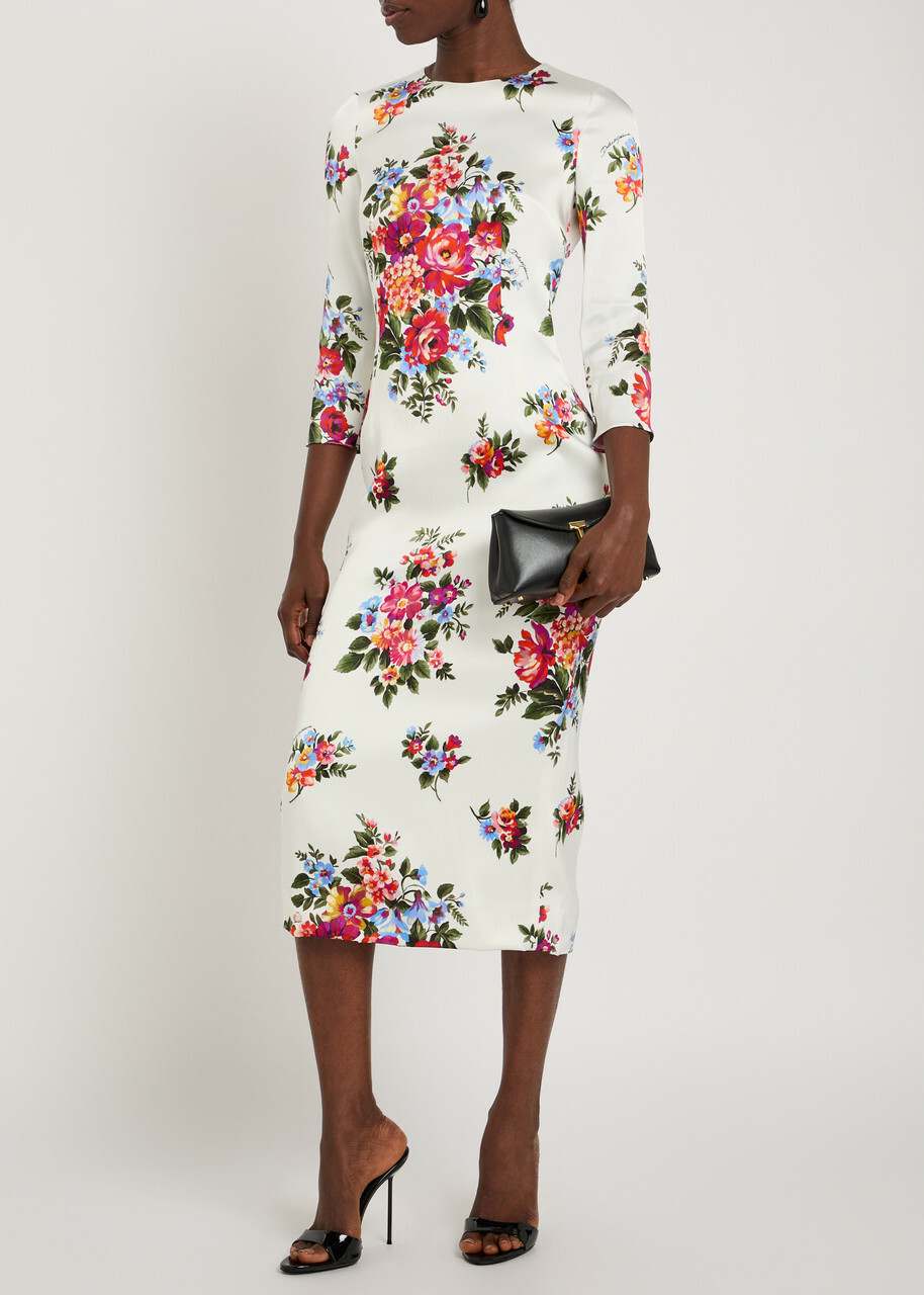Dolce & Gabbana Floral-print Satin Midi Dress White