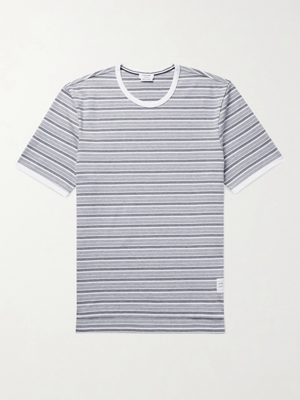 Photo: THOM BROWNE - Grosgrain-Trimmed Striped Cotton-Jersey T-Shirt - Gray