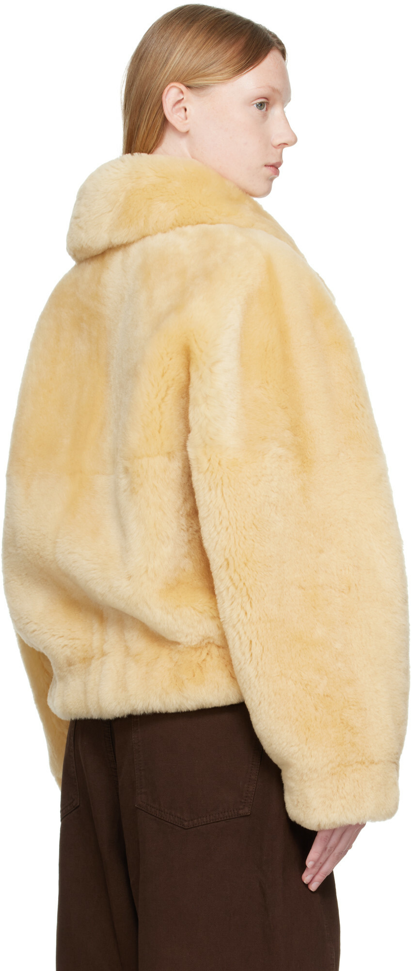 Helmut Lang Beige Reversible Shearling Bomber Jacket