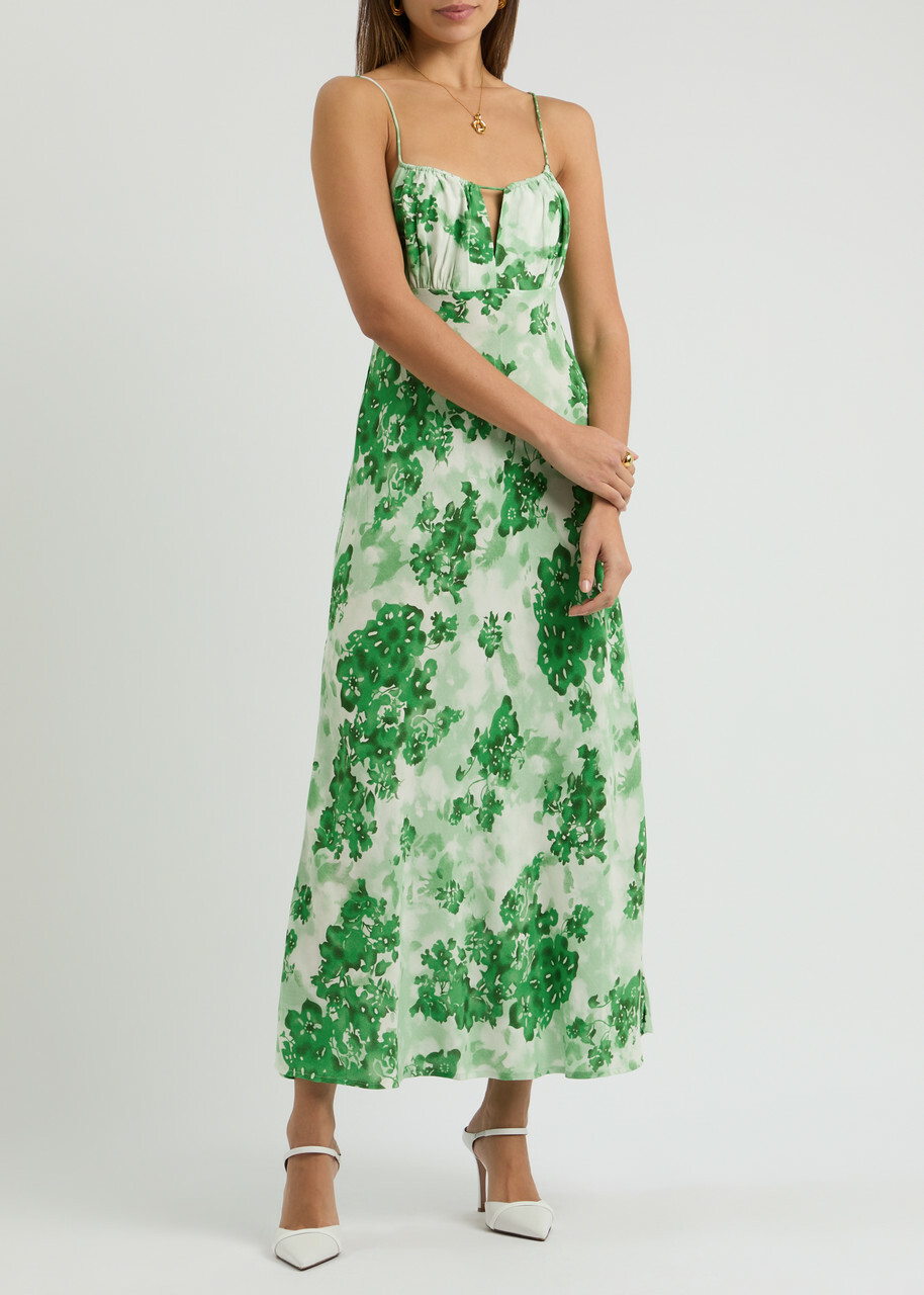 green emerald velvet dress Faithfull The Brand Mini Wrap Dress Blanco Green/White Floral Print Si –  Celebrity Owned main image 0