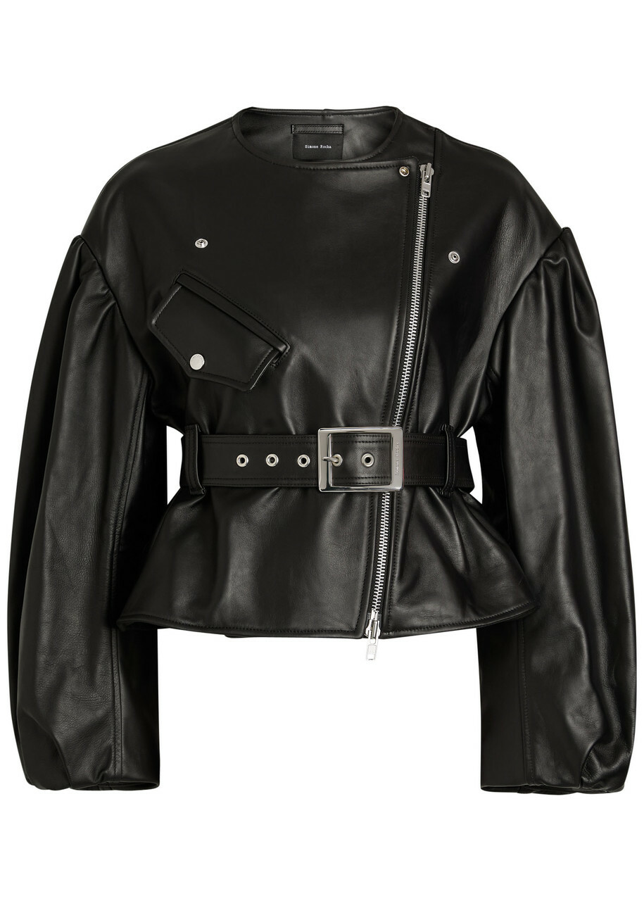 Simone Rocha Belted Leather Biker Jacket Black