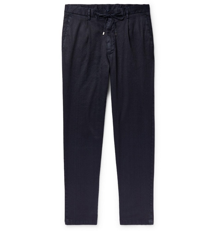 Photo: Beams F - Slim-Fit Tapered Pleated Linen-Blend Twill Drawstring Trousers - Blue