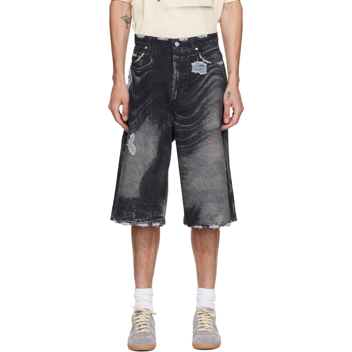 CAMPERLAB Black Distorted Print Distressed Denim Shorts