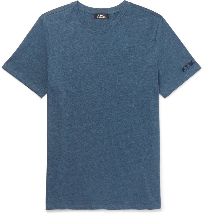 Photo: A.P.C. - Embroidered Slub Cotton-Blend Jersey T-Shirt - Men - Blue