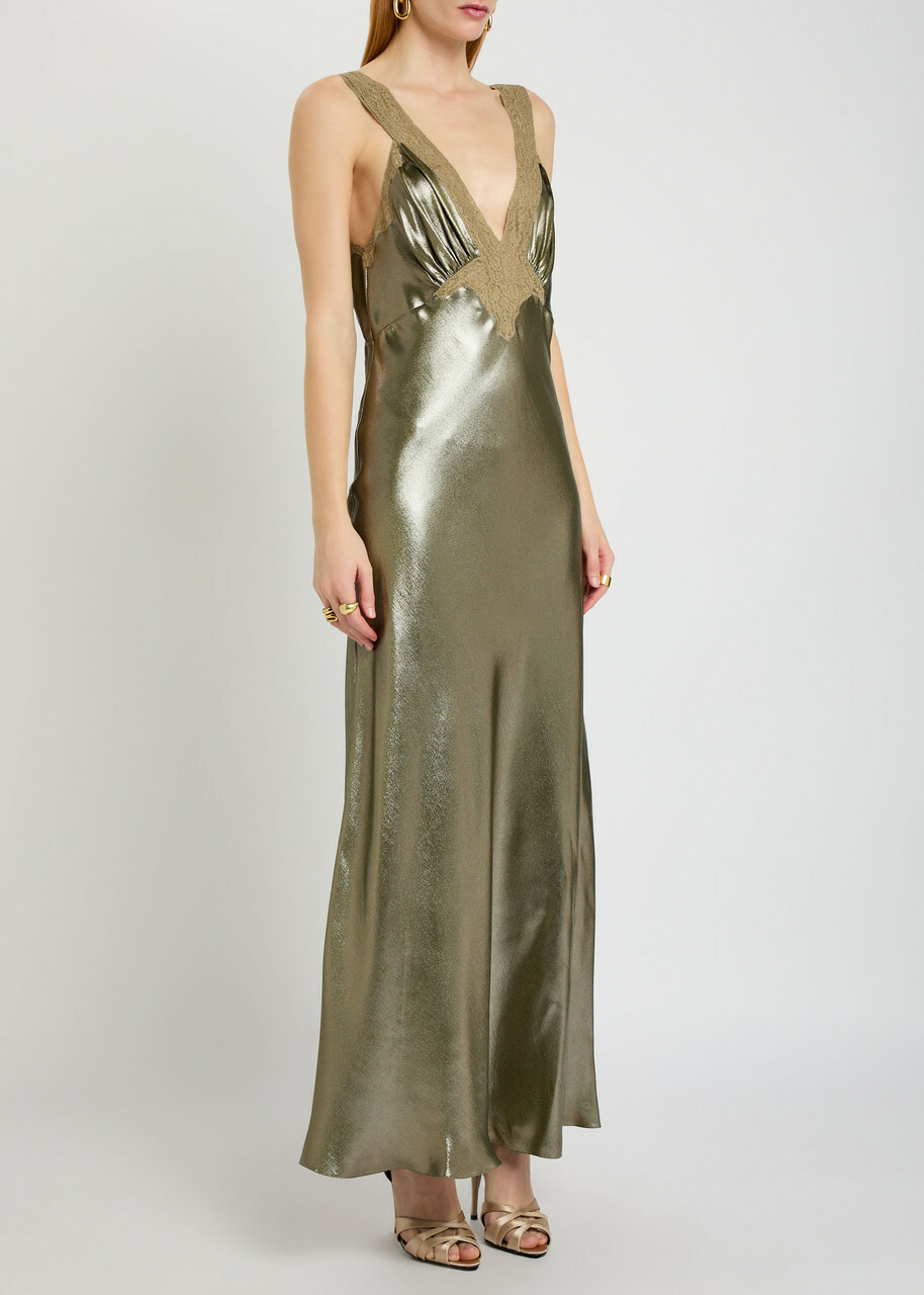 Saint Laurent Metallic Silk Maxi Dress Silver Other