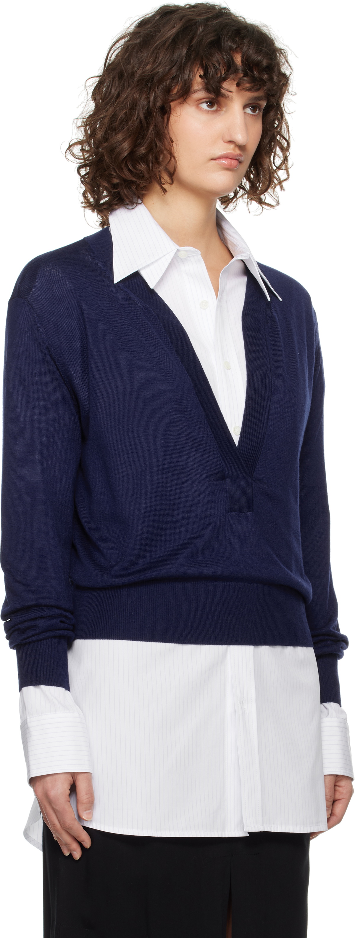 RECTO Blue Deep Henley Neck Sheer Knit Sweater