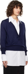 RECTO Blue Deep Henley Neck Sheer Knit Sweater