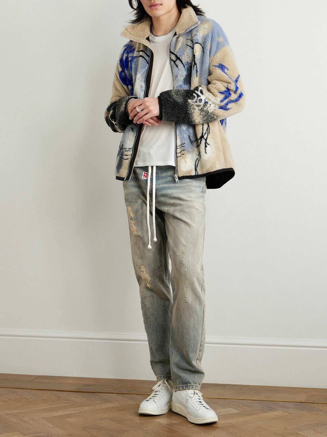 RRR123 - Fathers Way Slim-Fit Straight-Leg Belted Distressed Printed Jeans - Blue