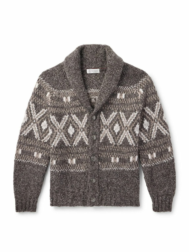 Photo: Brunello Cucinelli - Shawl-Collar Fair Isle Alpaca-Blend Cardigan - Gray