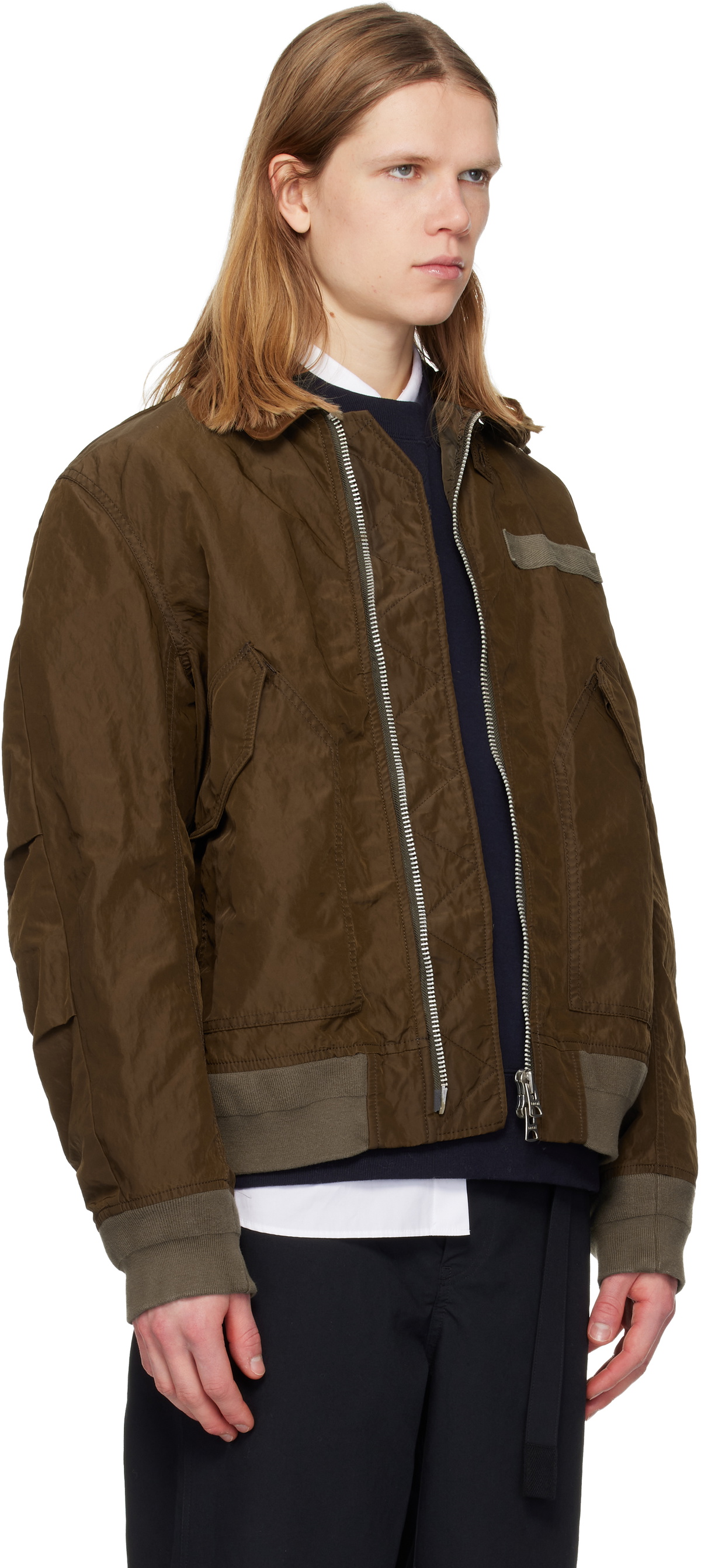 sacai Brown Treated Nylon Twill Bomber Jacket