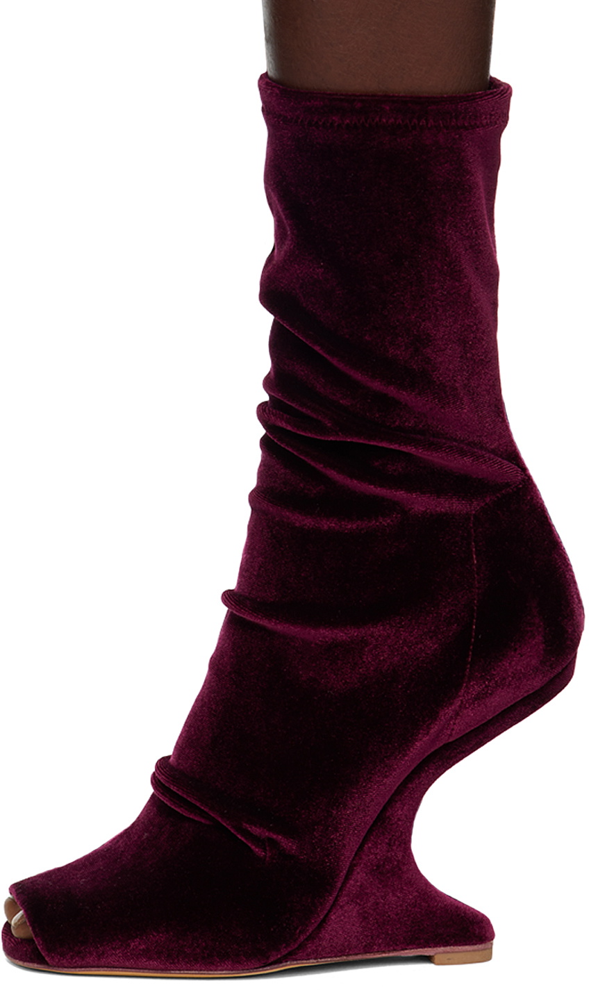 Rick Owens Lilies Burgundy Velvet Ankle Boots