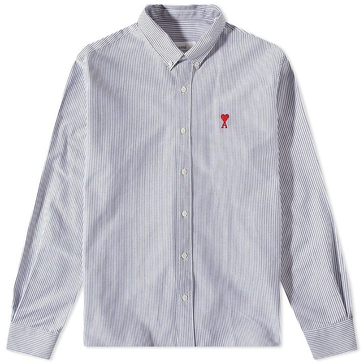 Photo: AMI Men's Heart Striped Button Down Oxford Shirt in Nautic Blue/White