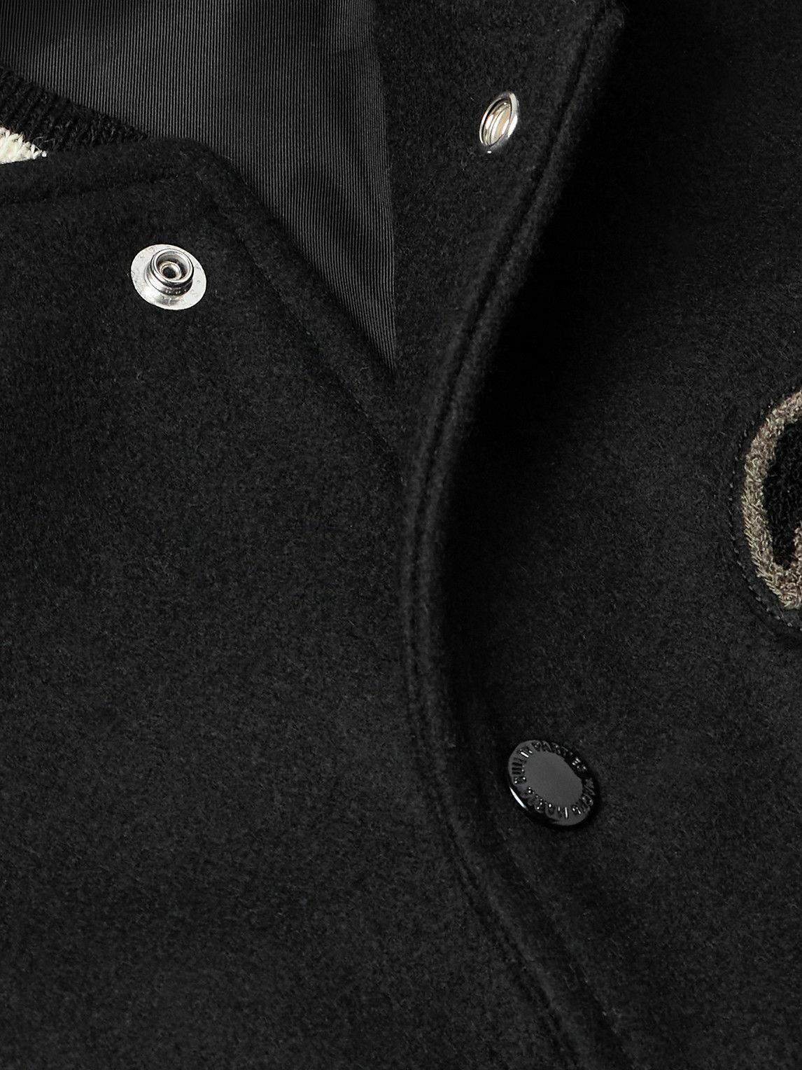 Wacko Maria - Leather-Panelled Striped Appliquéd Wool-Blend Varsity Jacket - Black