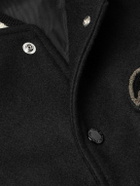 Wacko Maria - Leather-Panelled Striped Appliquéd Wool-Blend Varsity Jacket - Black