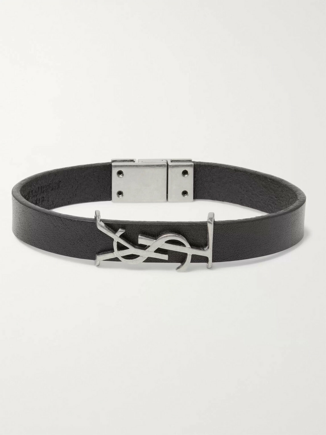 SAINT LAURENT - Logo-Detailed Burnished Silver-Tone and Leather Bracelet - Black