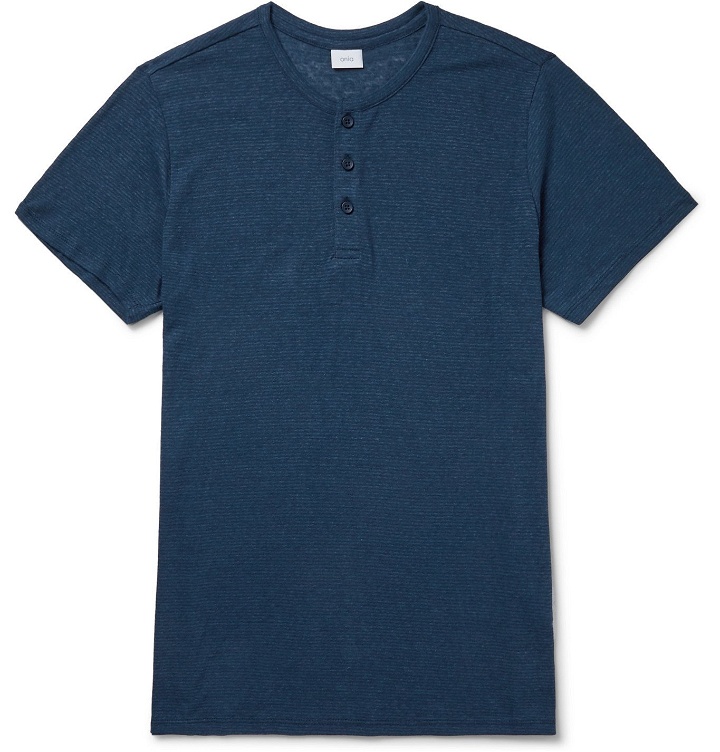 Photo: Onia - Elliot Striped Linen-Blend Henley T-Shirt - Blue