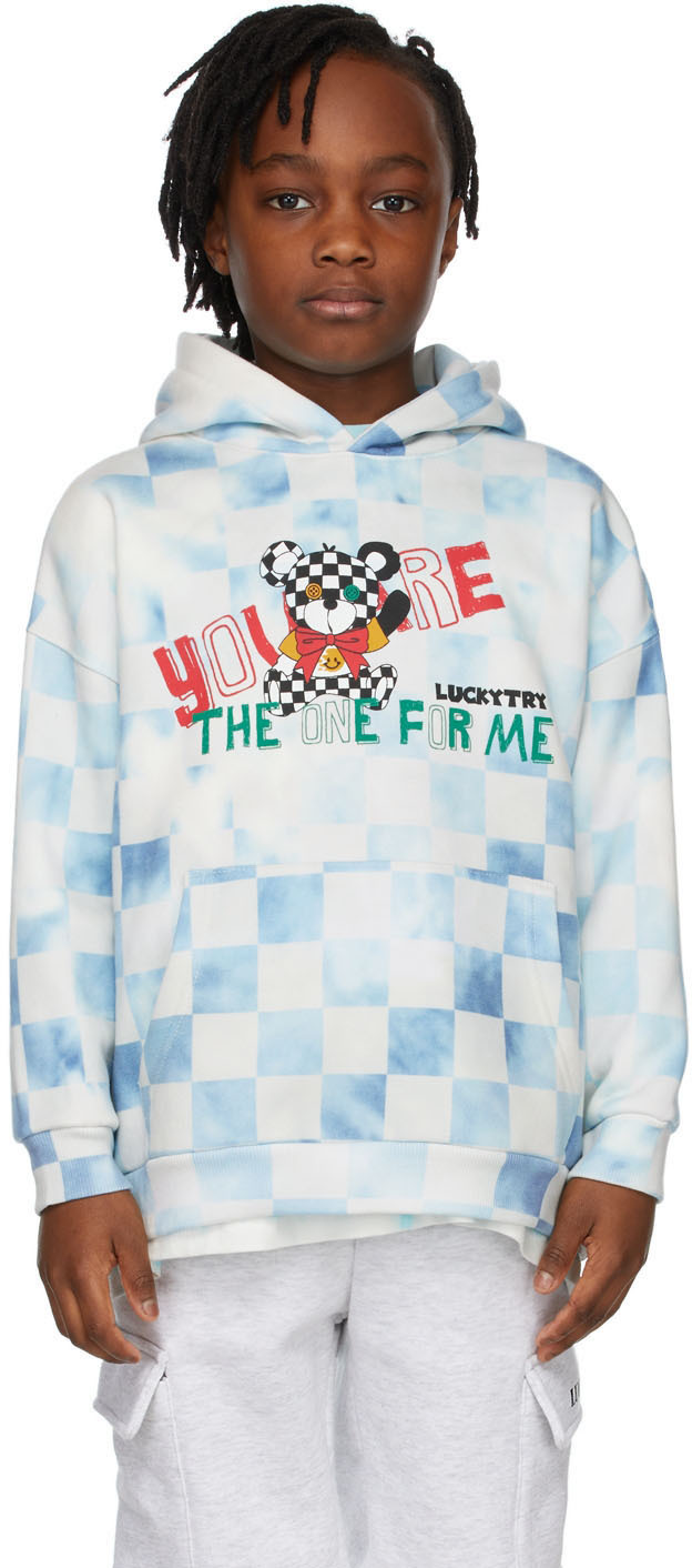 Luckytry Kids Blue Vintage Checked Bear Hoodie