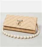 Jimmy Choo Avenue pearl-trimmed raffia wallet on chain