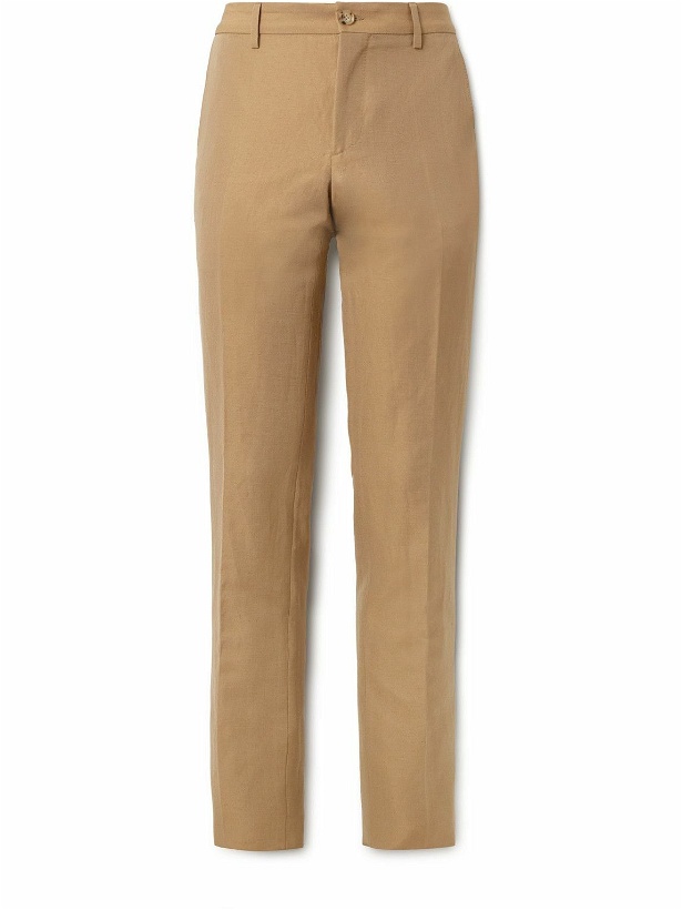 Photo: Burberry - Slim-Fit Straight-Leg Pleated Embroidered Wool and Linen-Blend Trousers - Brown