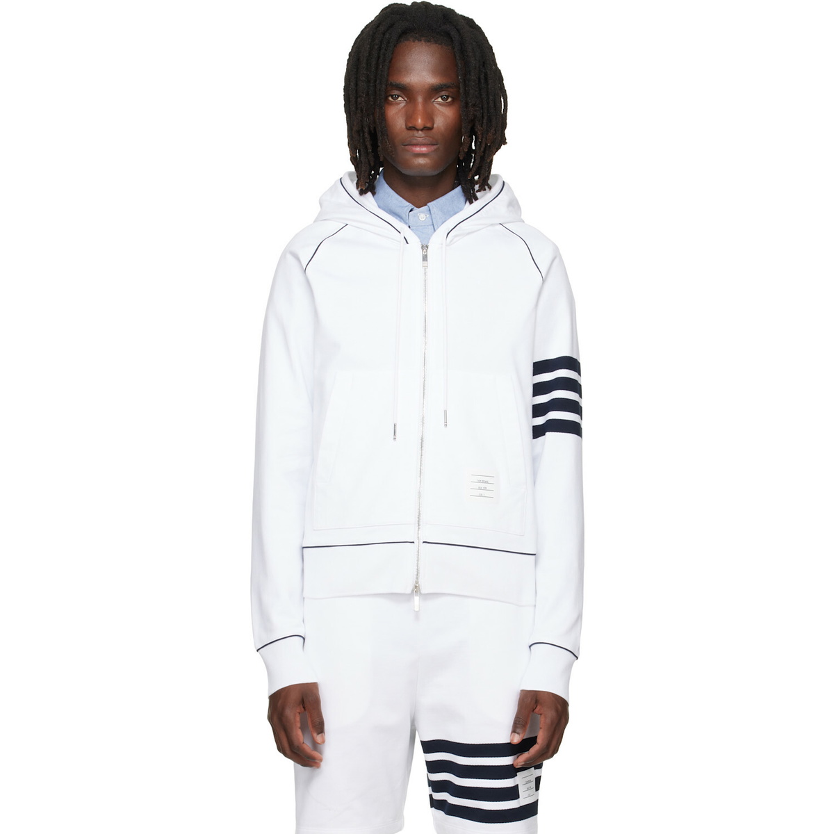 Thom Browne White Loopback 4-Bar Zip Up Hoodie