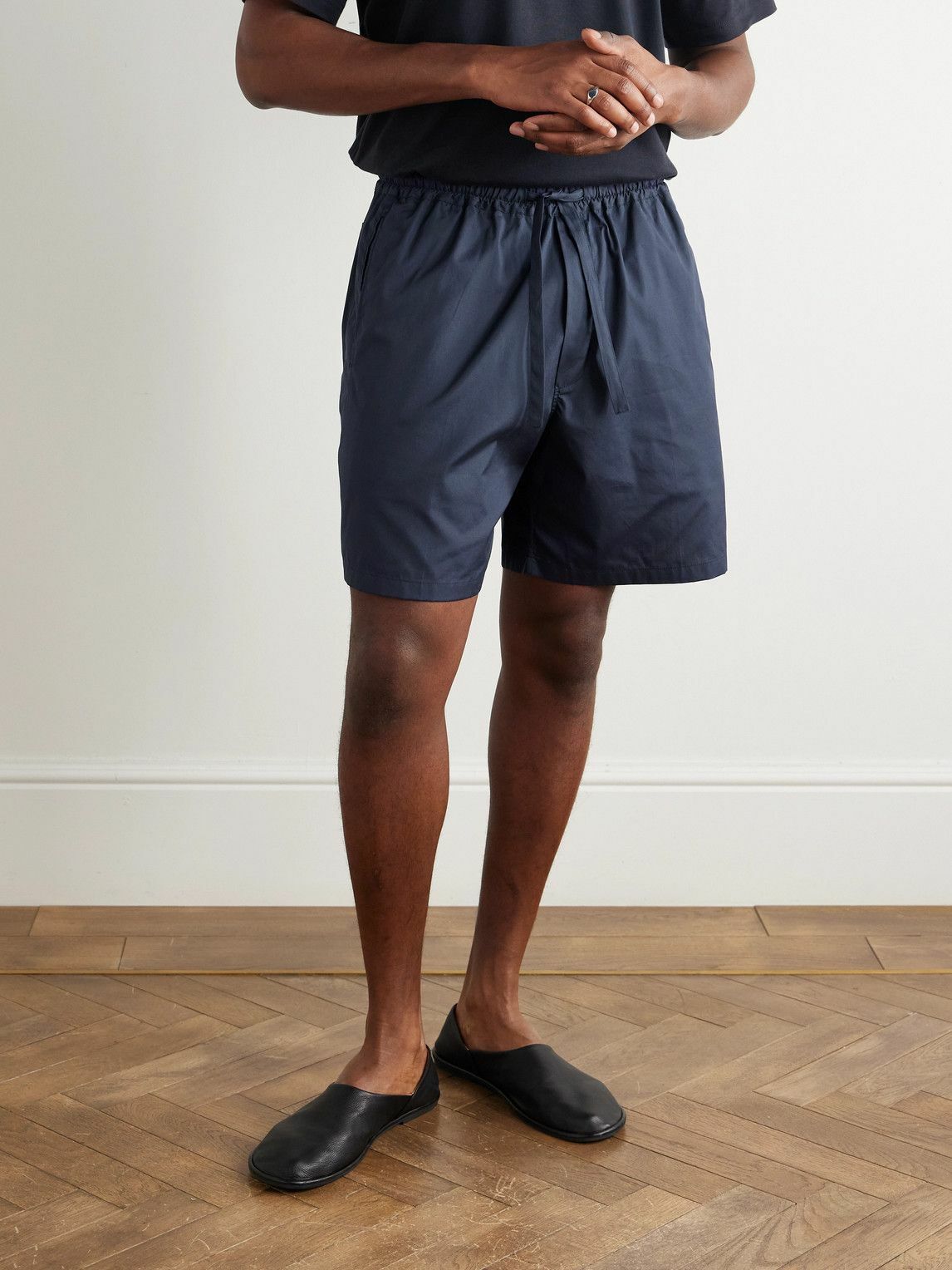 UMIT BENAN - Julian Straight-Leg Cotton and Silk-Blend Drawstring Shorts - Blue