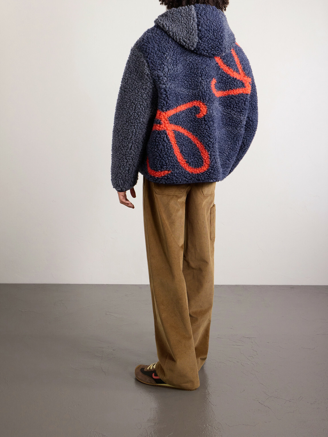 LOEWE - Leather-Trimmed Fleece-Jacquard Hooded Jacket - Blue