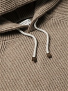 BRUNELLO CUCINELLI - Contrast-Tipped Ribbed Cashmere Hoodie - Neutrals