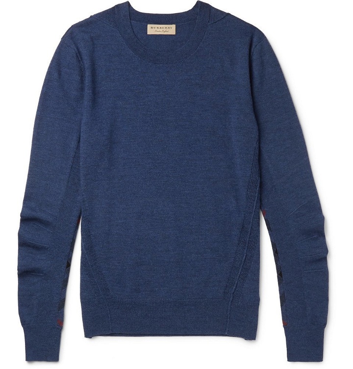 Photo: Burberry - Check-Panelled Merino Wool Sweater - Men - Blue