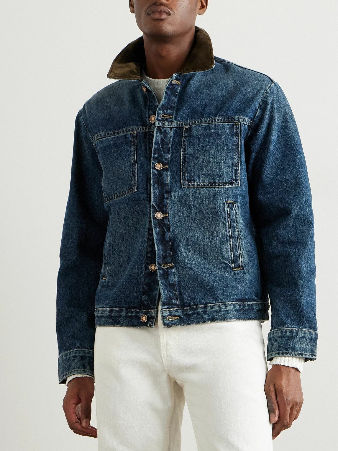 Nili Lotan - Chester Cotton-Corduroy Trimmed Denim Jacket - Blue