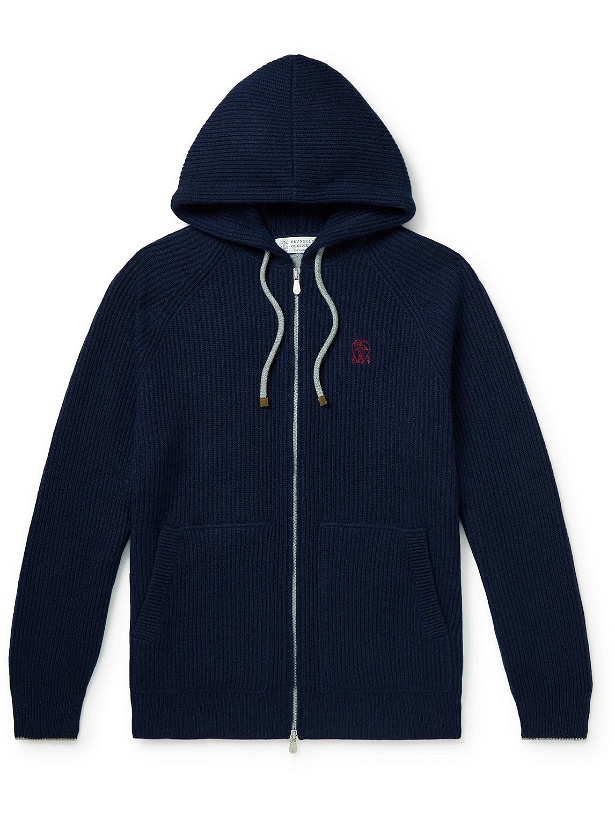 Photo: Brunello Cucinelli - Logo-Embroidered Ribbed Cashmere Zip-Up Hoodie - Blue