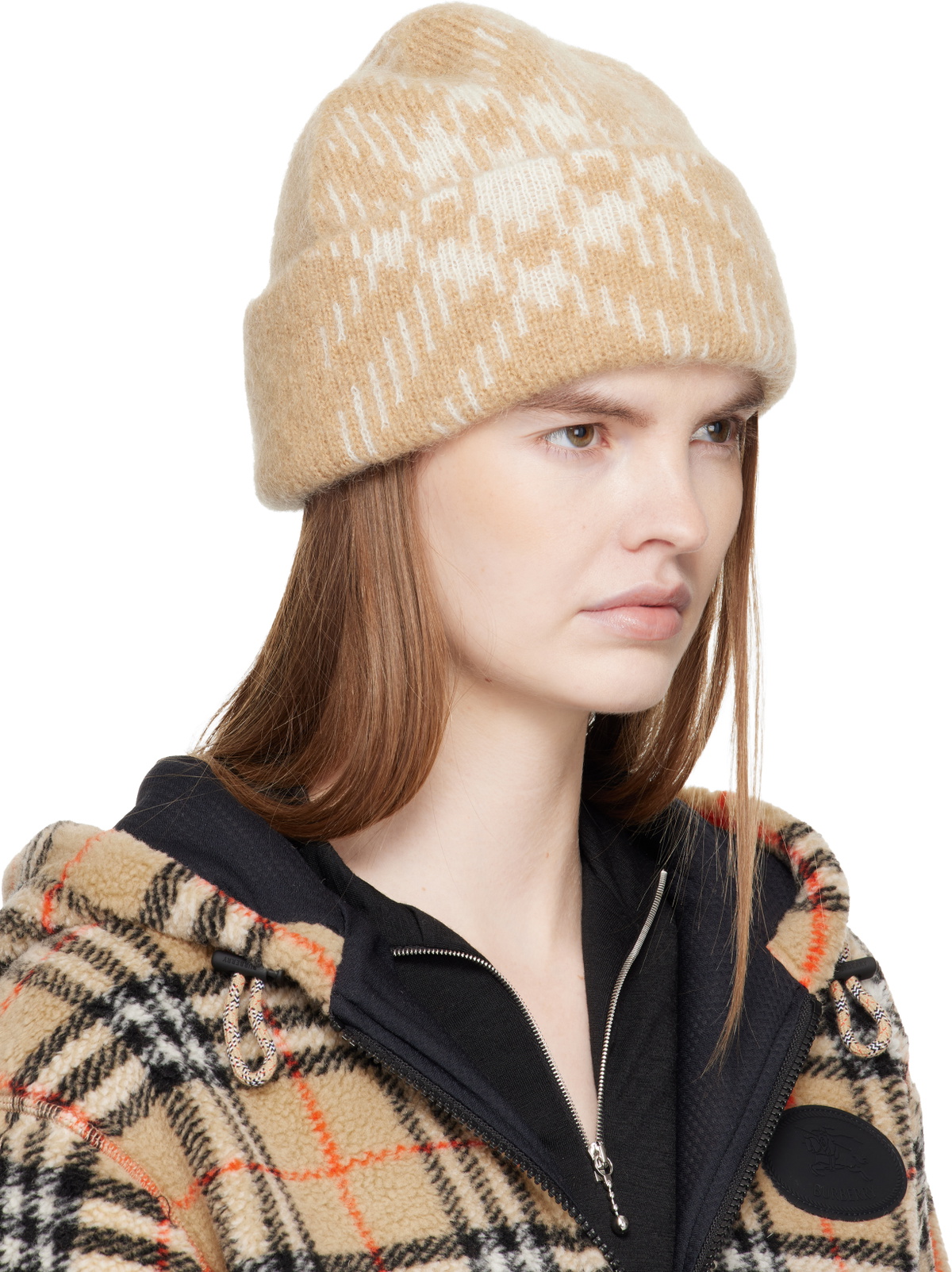 Burberry Beige Check Mohair Wool Blend Beanie