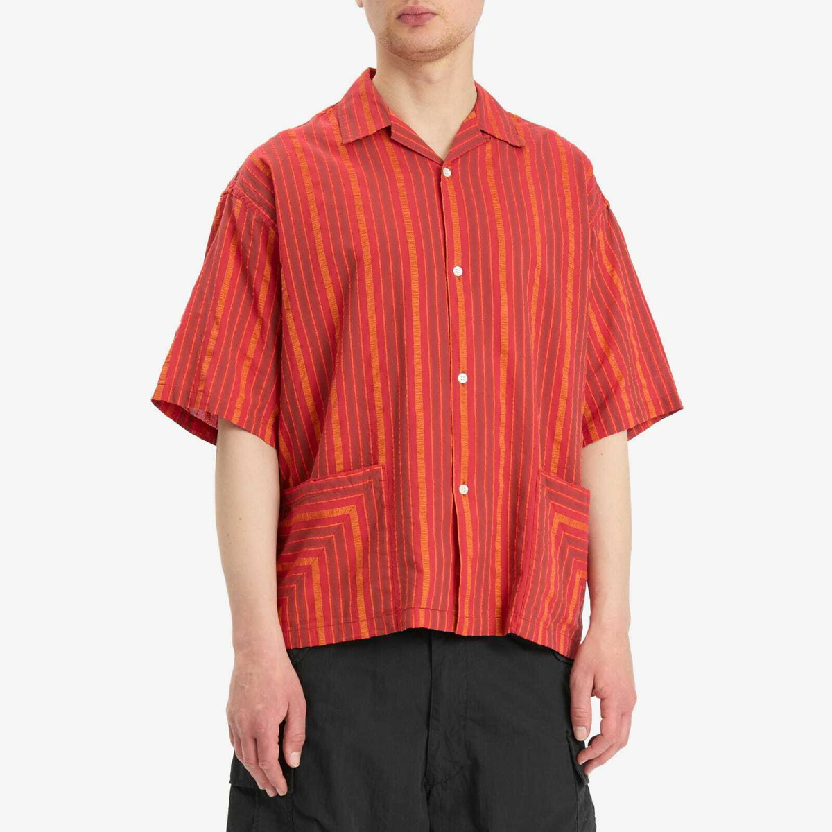 BEAMS Men's Stripe Open Collar Shirt in Red
