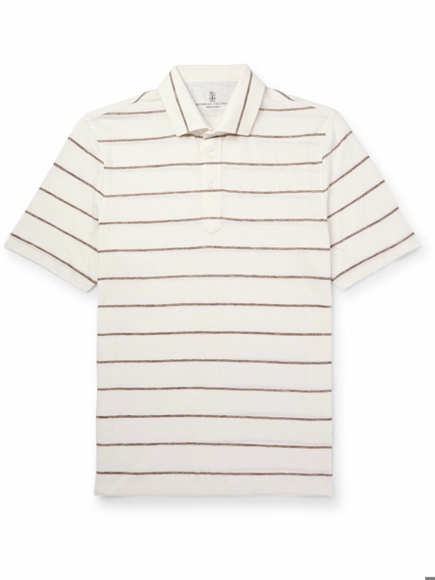 Photo: Brunello Cucinelli - Striped Linen and Cotton-Blend Polo Shirt - White