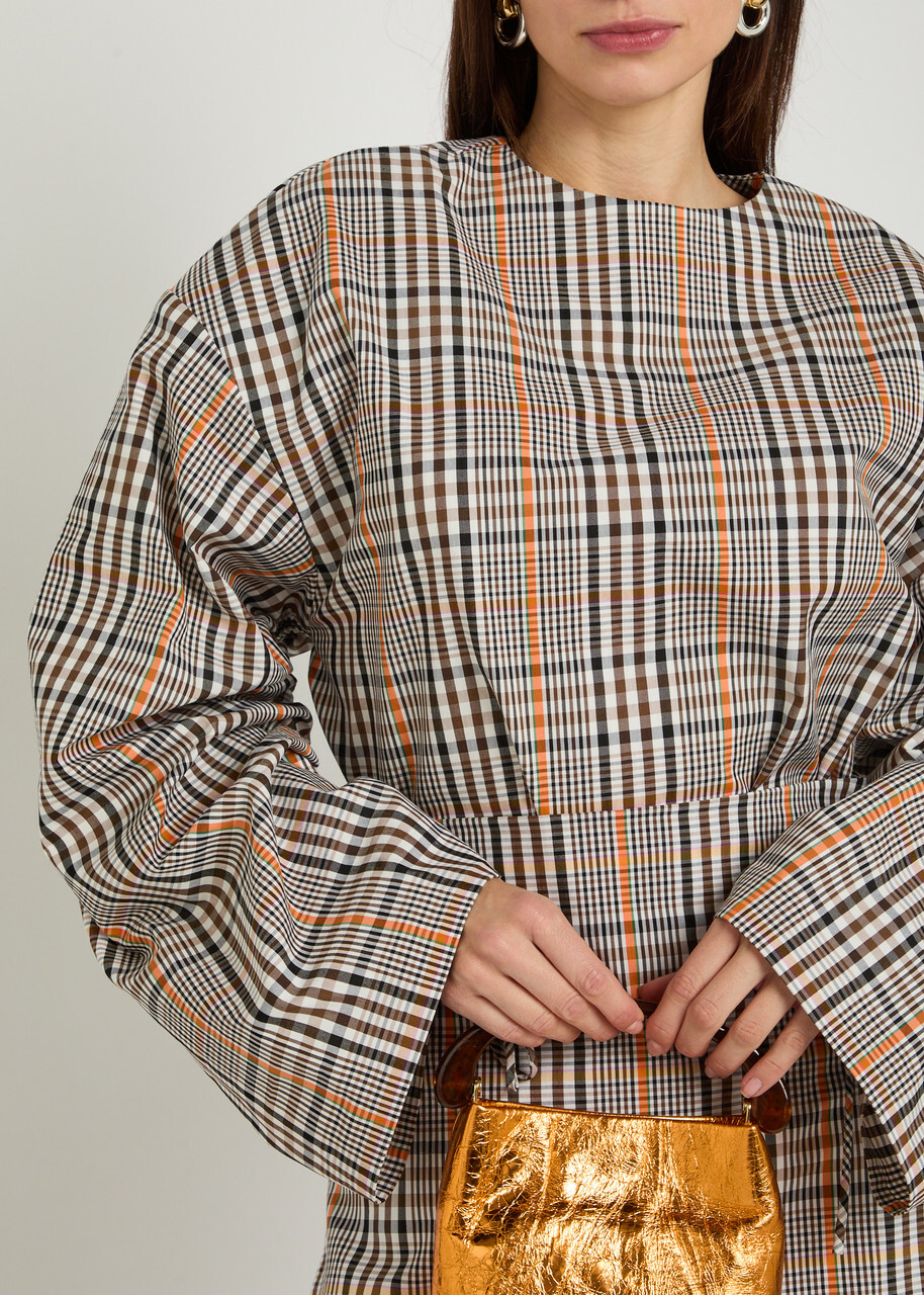 A.W.A.K.E Mode Checked Drawstring Cotton-blend top Brown
