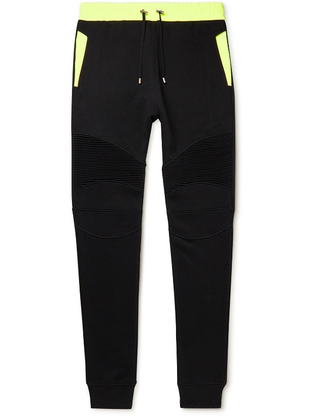 Photo: Balmain - Skinny-Fit Panelled Cotton-Jersey Sweatpants - Black