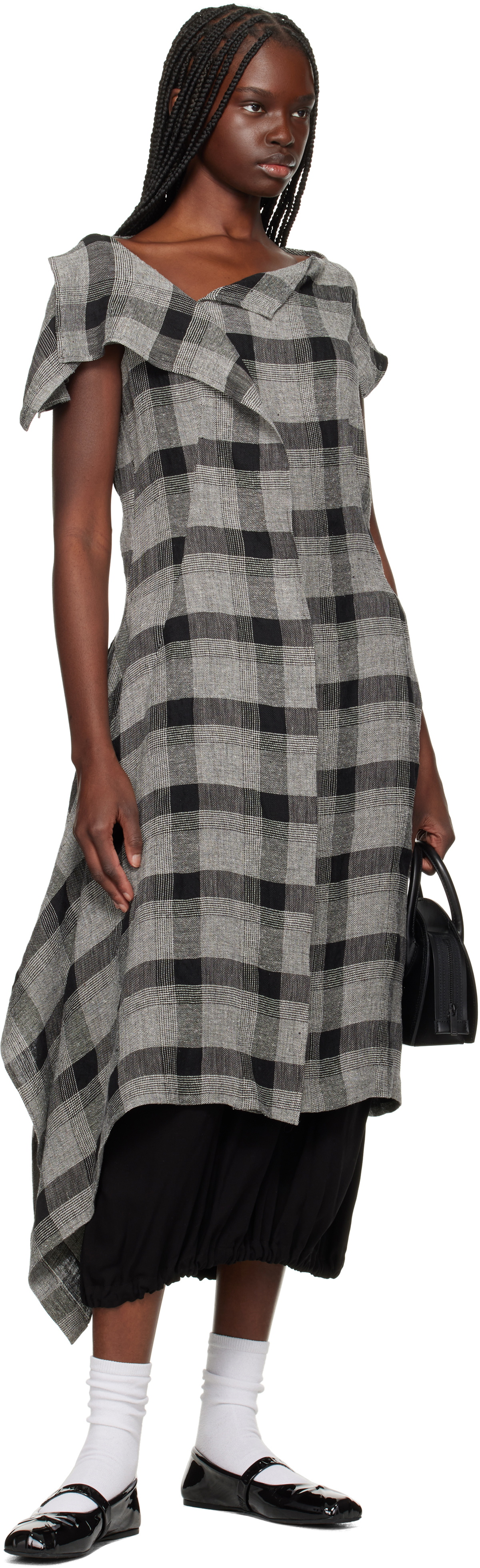 Y's Black & Gray U-Handkerchief Hem Midi Dress