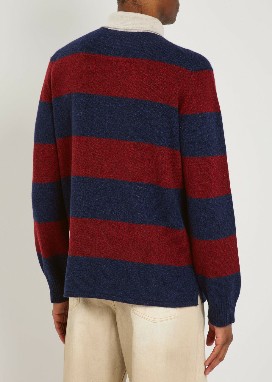 Begg & CO Hooped Striped Cashmere Polo Jumper Navy