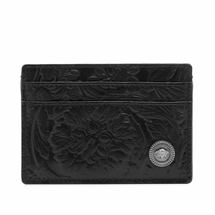 Photo: Versace Men's Barocco Embossed Leather Card Holder in Ruthenium 